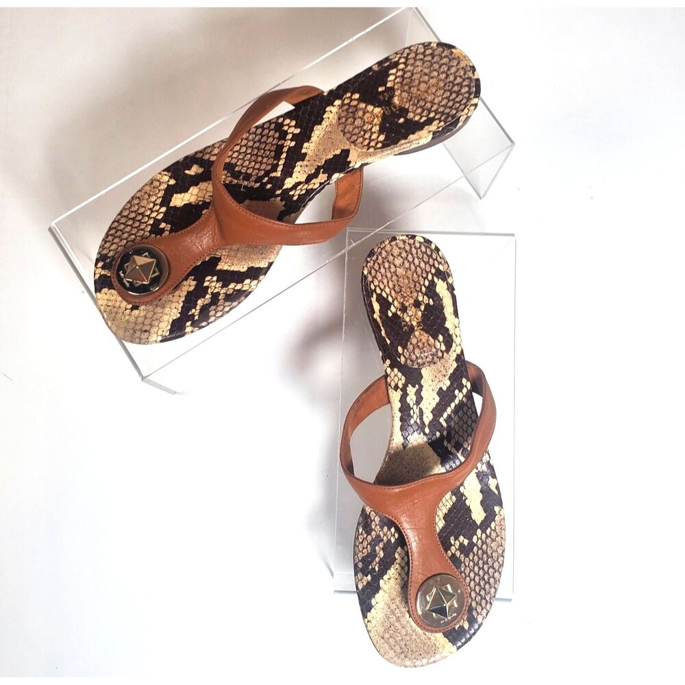 Kate Spade Women’s Sandals 6.5B Brown Thong Snake Print Footbed Gold Spade Italy